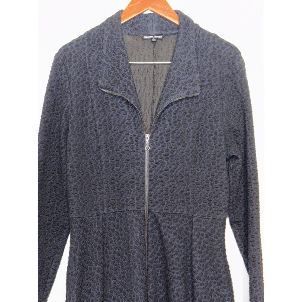 Samuel Dong Black and Navy Cheetah‎ Print Collared Dbl Zipper Coat Dress SZ Lg - Picture 5 of 16